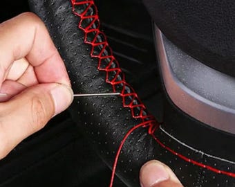 Leather Steering Wheel Cover, Damaged Steering Wheel Restoration Kit, Black Leather & Red Thread DIY Cover, Universal Size