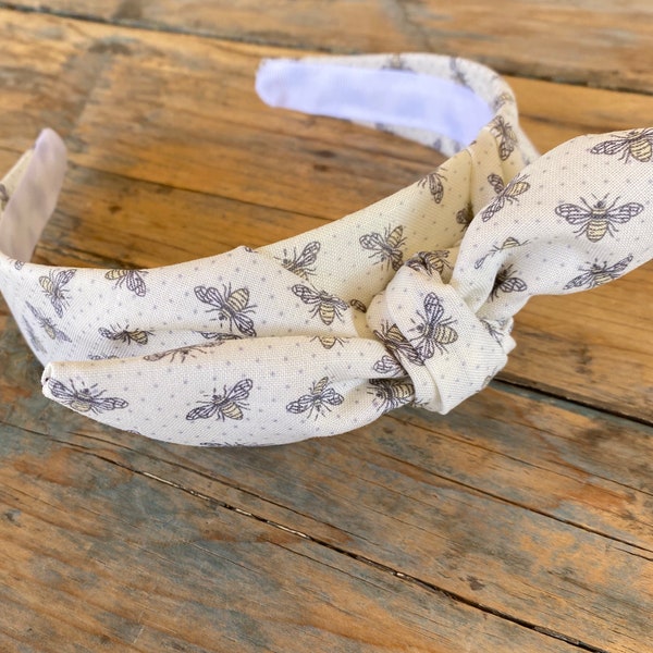 Honey Bee Knot Tied Headband, Pre-Tied Headband, Tied Head Wrap, Women's Tied Fashion Headband,  Bee Print Headband, Pin Up Headband