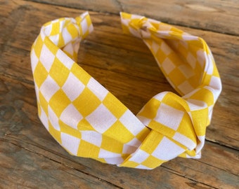 Bright YELLOW Checkerboard Top Knot Headband, Top Knot, Knotted, Headband, Checker Board Headband, Trendy Checker Headband, Women's Knotted