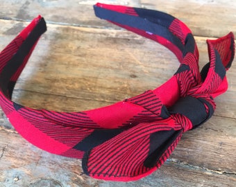 Buffalo Plaid Knot Headband: Red & Black Bandana Hair Wrap