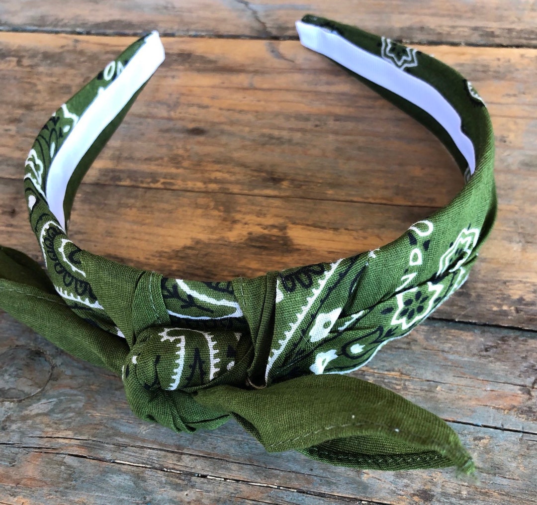 OLIVE GREEN Bandana Knot Tie Headband, Paisley Bandanna Head Wrap, Rock