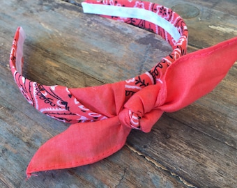 CORAL Bandana Knot Tie Headband, Tied Bandanna Head Wrap, Rock Fashion Headband