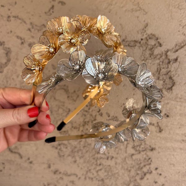 Whimsical Cluster Flower Headband, Gold , Luxury Bridal, Wedding, Cosplay, Metal Flowers