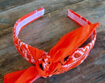 NEON ORANGE Bandana Knot Tie Headband, Tied Headband, Knot Tied Fashion Hairband, Knot Tied