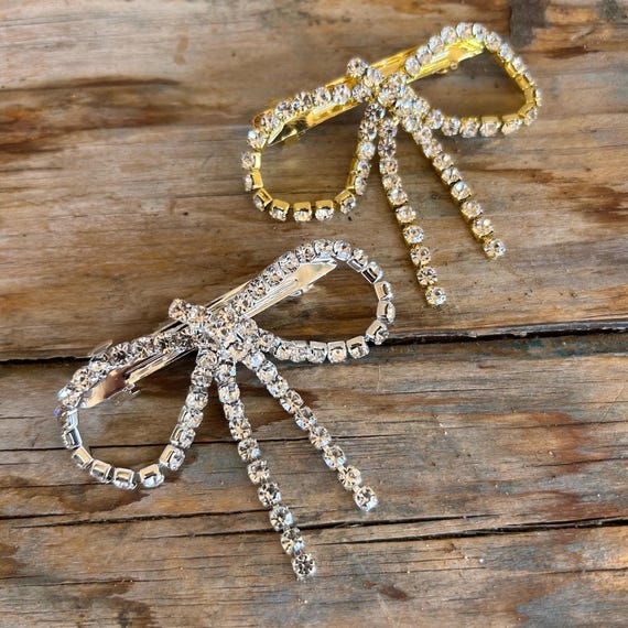 Rhinestone Bow Barrette: Gold or Silver Bling Hair Clip - Etsy display picture 2