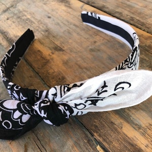 BLACK AND WHITE Bandana Knot Tie Headband, Bandanna Head Wrap, Rock Fashion Headband, Pin Up Headband