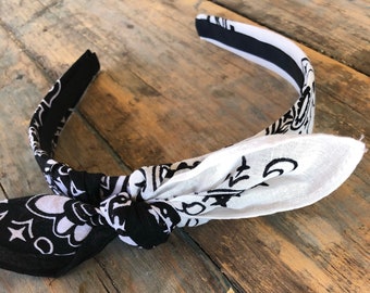 BLACK AND WHITE Bandana Knot Tie Headband, Bandanna Head Wrap, Rock Fashion Headband, Pin Up Headband