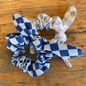 Blue Checkerboard Scrunchies SET,  Tied Scrunchie Set,  Hair Tie,  Women&#39;s Hair Accessories, Checker Scrunchies