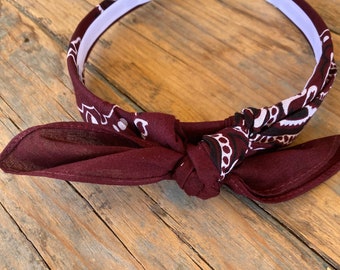 WINE Bandana Knot Tie Headband, Bandanna Head Wrap, Tied Headband, Rock Fashion Headband