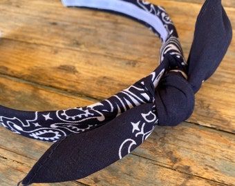 NAVY BLUE Bandana Knot Tie Headband, Tied Bandana Head Wrap, Pre Tied Hairband, Paisley Headband,  Rock Fashion Headband