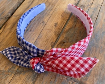Red And Blue Gingham Bandana Knot Tied Headband, Tied Bandanna Head Wrap, Women's  HairBand, Patriotic Headband, American Headband