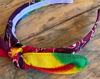 RAINBOW Tie Dyed, Bandana Knot Tie Headband, Bandanna Head Wrap,  Rock Fashion Headband, Hippy Headband