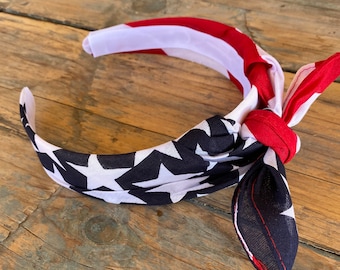 American Flag Knot Tied Headband, Bandana Head wrap, Patriotic HairBand, American Headband, 4th of July Headband