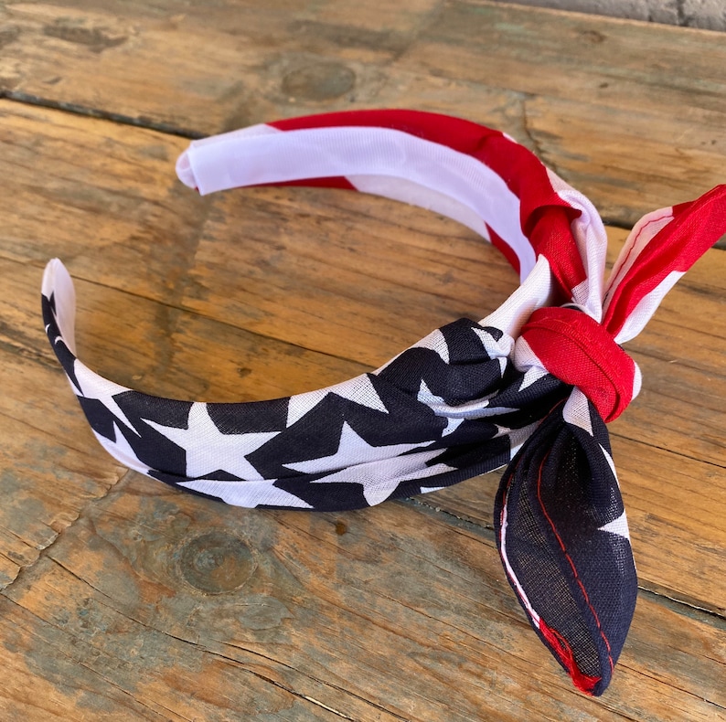 American Flag Knot Tied Headband, Bandana Head wrap, Patriotic HairBand, American Headband, 4th of July Headband image 1