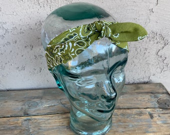 OLIVE GREEN Paisley Bandana Elastic Head Wrap, Tied Headband, Bandanna Head Wrap, Girls HairBand, Paisley Headband