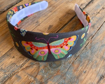 Spring Garden Headband: Floral Butterfly Print, Wide Cotton Hair Accessory