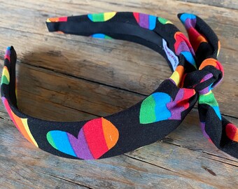 Rainbow Heart Print Tie Headband, Tied Headband, Bandanna Head Wrap, Tie Hairband, Women’s Fashion Headband