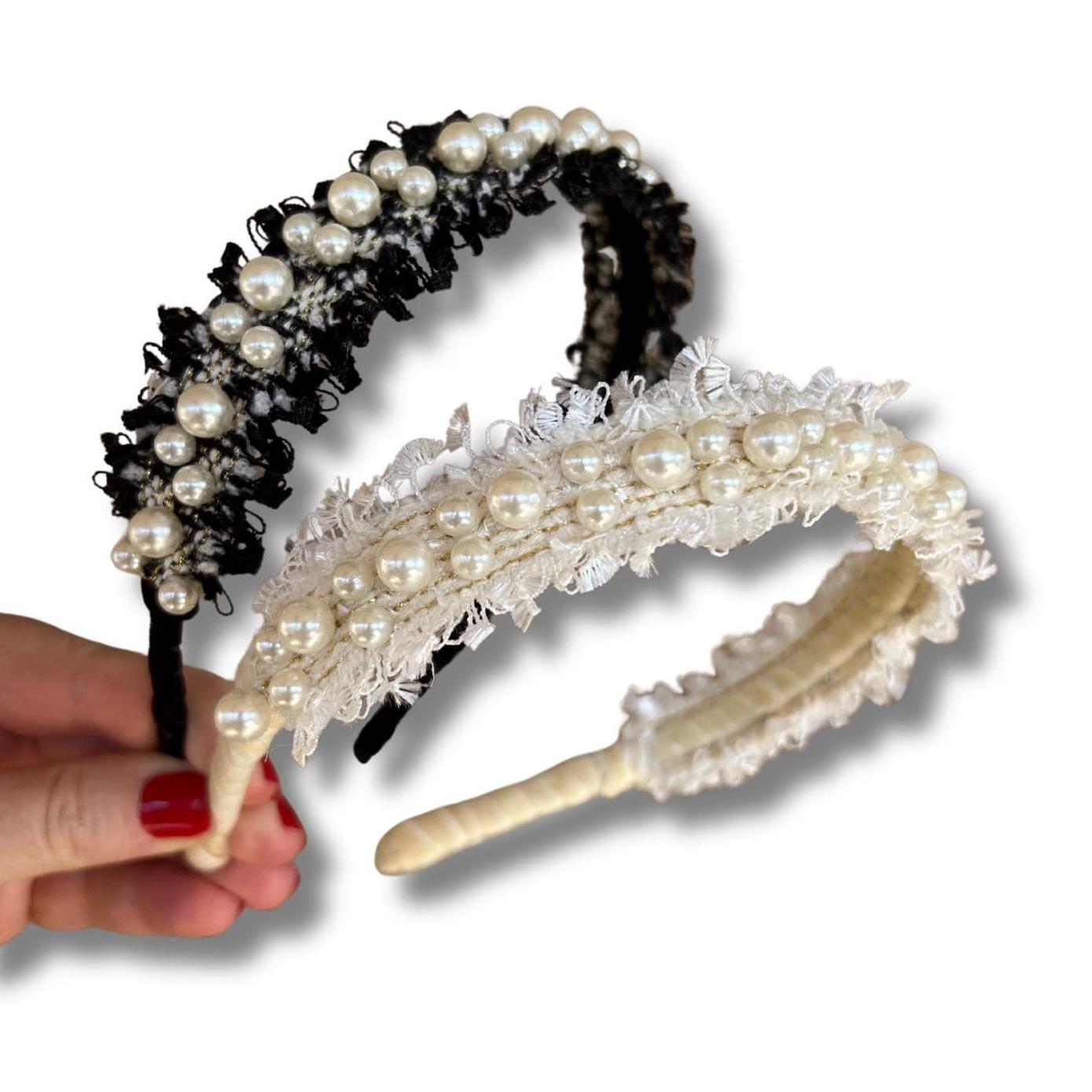 Black Tweed Headband with Pearl-Embellished CC Accent Classic Tweed Rhinestone and Pearl head band, elegant, comfy  main image 2