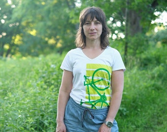 Women’s Road Bike V-neck tee, Green and Citron, retro styled clothing gifts for her