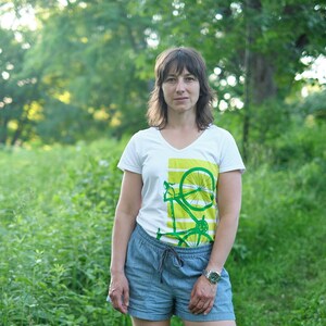 Women’s Road Bike V-neck tee, Green and Citron, retro styled clothing gifts for her