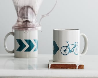 Chevron Bicycle mug - grey and dark teal - screen printed bike coffee cup