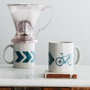Chevron Bicycle mug - grey and dark teal - screen printed bike coffee cup