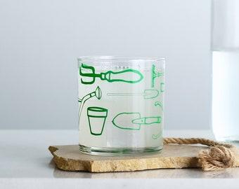 Garden Tools Equipment Tumbler Glass, SET of 2, Bright green screen print