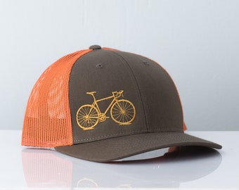 Bicycle Embroidered Trucker Hat - Rust and Loden with Goldenrod Bike