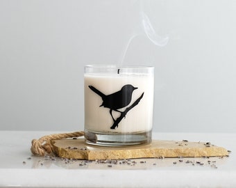 Wren Soy Candle, bird silhoutte screen print