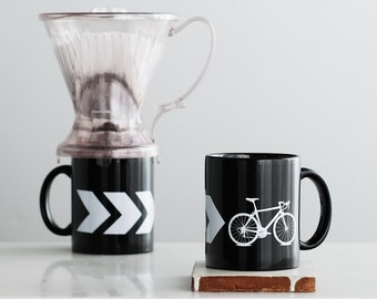 Chevron Bicycle mug - black and white - screen printed bike coffee cup