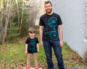 Fixie Bicycle T-shirt, Bright Teal, FATHER and SON Matching T-Shirt Set, Black Cotton Tee
