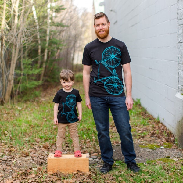 Fixie Bicycle T-shirt, Bike Clothing Gift for dad, FATHER and SON Matching T-Shirt Set, bright teal, Black Cotton Tee