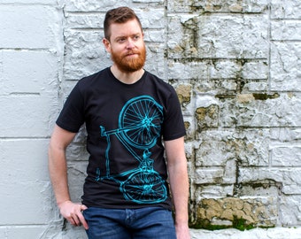 Men's Fixie Tee - Bright Teal Bike on Black Cotton t-shirt