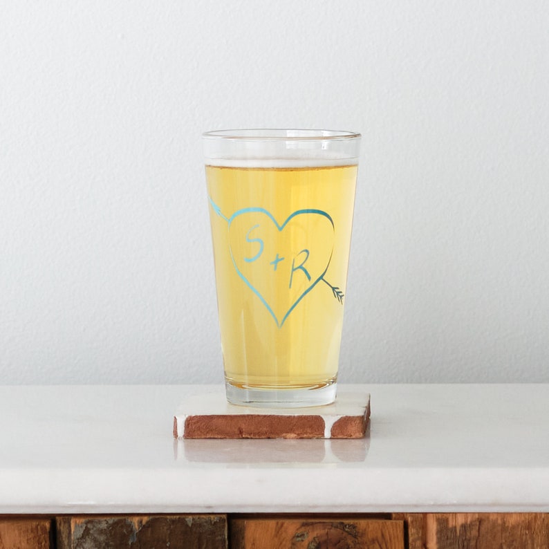 True love monogram, custom screen printed pint glasses, SET OF 6 Turquoise