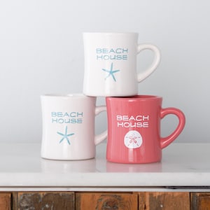 Beach House Diner Mug, Sand Dollar, Starfish, Screen printed