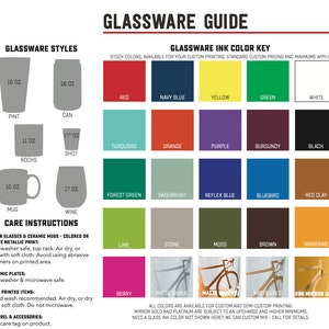 May include: A guide to glassware styles and ink colors for custom printing. The guide includes images of different glassware styles, such as pints, cans, rocks glasses, shots, mugs, and wine glasses. The guide also includes a color chart of available ink colors for custom printing.