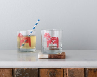 Swedish Dala horse rocks glass, old fashioned screen printed glassware, set of 2