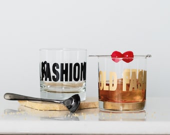 Old Fashioned Typography Rocks Glasses Mixology - SET of 2