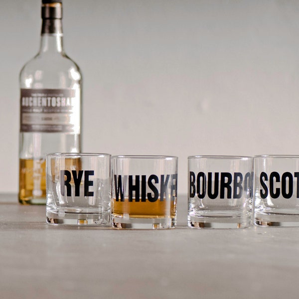 Whiskey, bourbon, scotch and rye - hand printed rocks glasses