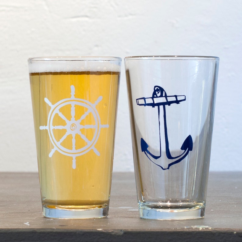 Wheel and Anchor screen printed pint glasses white and blue Etsy