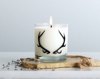 Antler Soy Candle, matte black screen print, all natural scents Reusable glassware