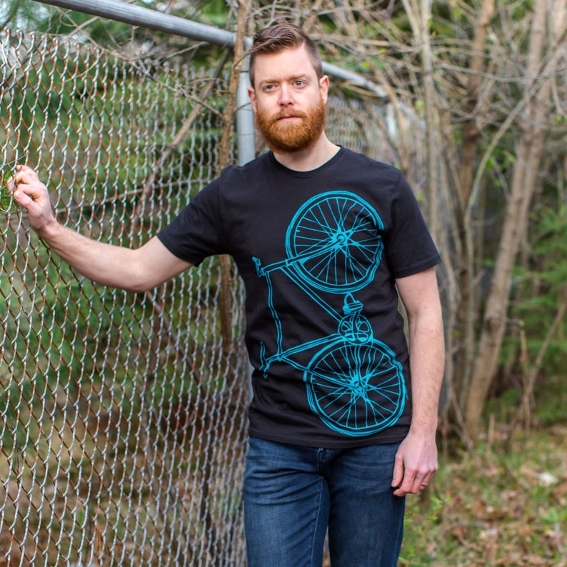 Men's Fixie Tee Bright Teal Bike on Black Cotton t-shirt image 2