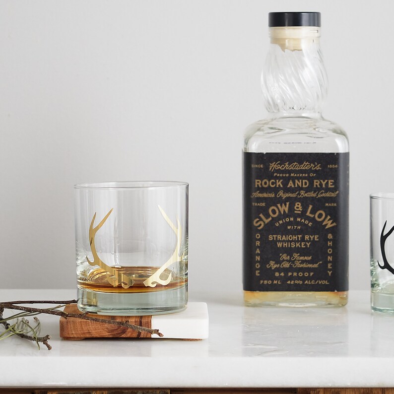 Antler Stemless Wine Glass Set of 2 20K Gold screen print Etsy