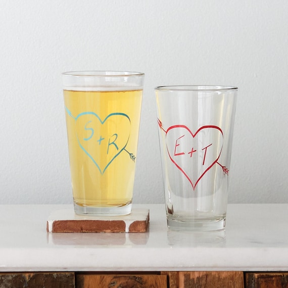 True Love Monogram, Custom Screen Printed Pint Glasses, SET OF 6 