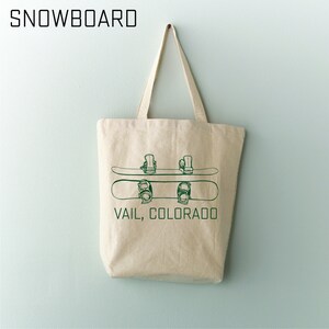 Ski or Snowboard Personalized tote bag, Recycled cotton custom text on natural bag, set of 12 image 2