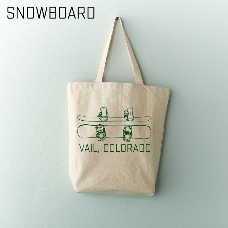 Ski or Snowboard Personalized tote bag, Recycled cotton custom text on natural bag, set of 12 image 2