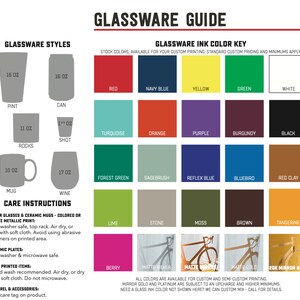 May include: A guide to glassware styles and ink colors for custom printing. The guide includes images of different glassware styles, such as pints, cans, rocks glasses, shots, mugs, and wine glasses. The guide also includes a color chart of available ink colors for custom printing.