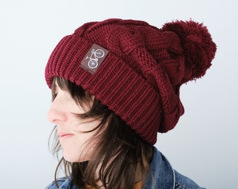 Chunky knit bicycle beanie, Bicycle tag, Burgundy