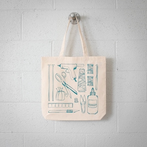 CRAFTY TOOLS Eco Tote- screen printed canvas bag- Scissors, snippers, pincushion, knitting needles, crochet hook, thread spools and cones
