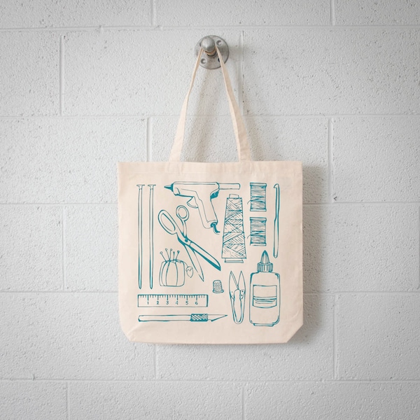 CRAFTY TOOLS Eco Tote- screen printed canvas bag- Scissors, snippers, pincushion, knitting needles, crochet hook, thread spools and cones